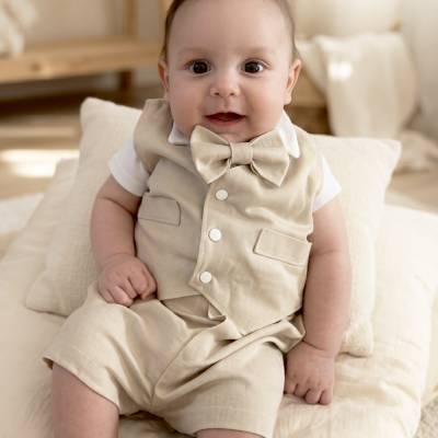 Leinenanzug für Jungen zur Taufe – Weste, Shorts & Body mit Fliege | Festliches Baby Outfit