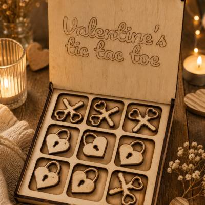 Valentine’s Tic Tac Toe aus Holz – romantisches Reisespiel & Geschenkidee für Verliebte
