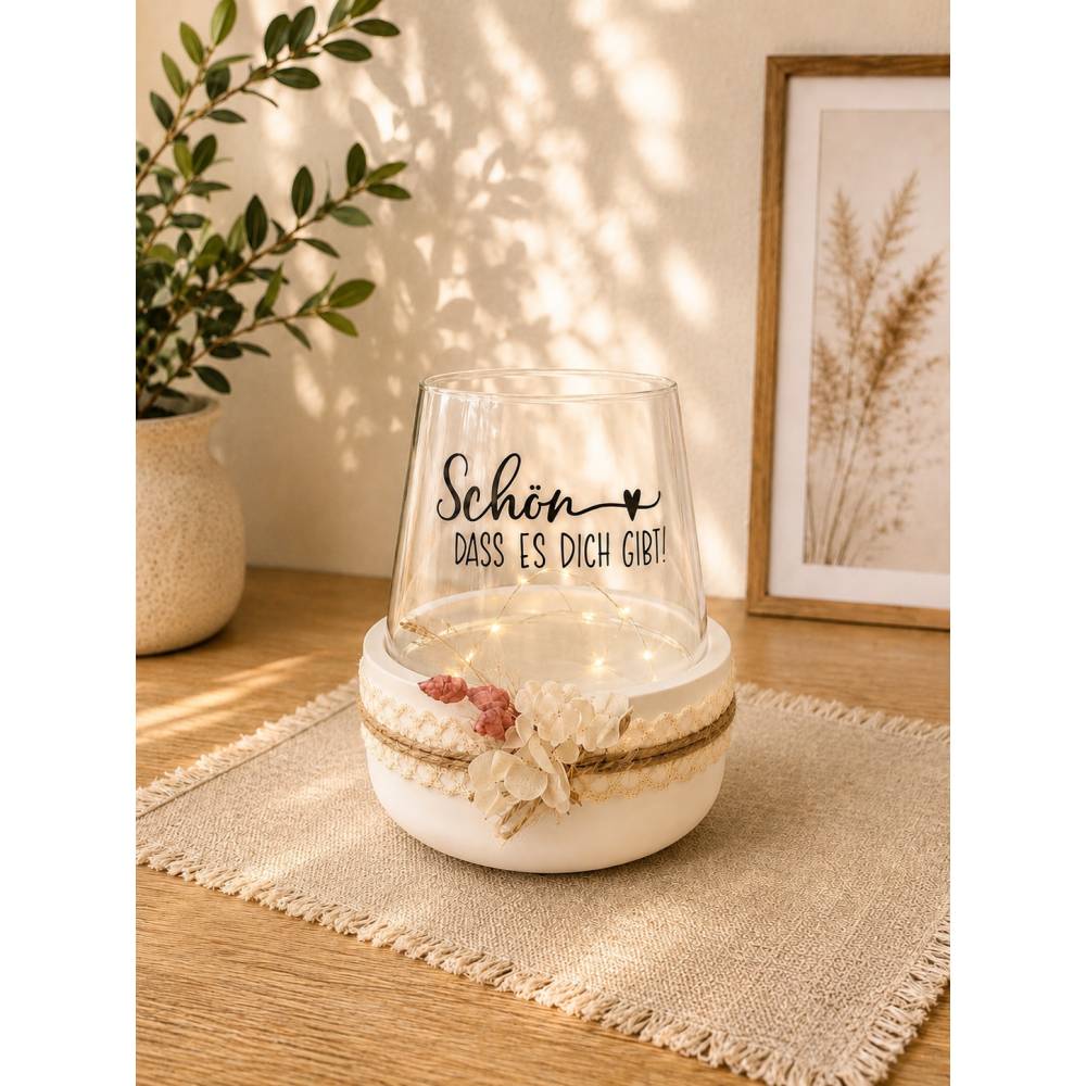 Windlicht „Schön dass es dich gibt“, Dekoschale mit Kerzenglas, weiß, mit Rillen, Keraflott, Tischfeuer, Geschenk