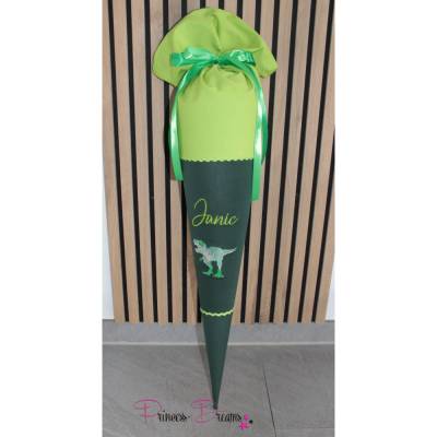 Schultüte zur Einschulung grün Motiv T-Rex,Schultüte mit Namen, Schultüte für 1. Schultag,schultüte aus stoff mit Kissen