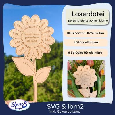 Sonnenblume mit Namen Laserdatei SVG LightBurn - Abschiedsgeschenk Erzieher Lehrer - 8 bis 24 Blütenblätter