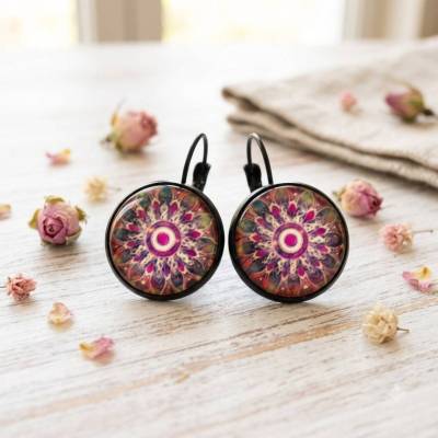 Mandala Ohrhänger geschlossen rund Cabochon schwarz – Hippie Ethno Schmuck