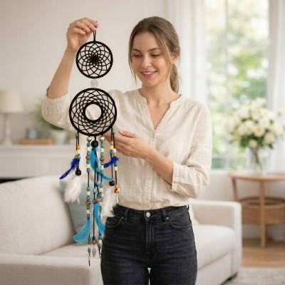 Langer Traumfänger türkis – Handgemachter Dreamcatcher als Unikat, Eyecatcher & Geschenk