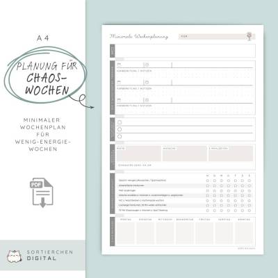 Minimaler Wochenplan PDF A4 | Wochenplaner Familie | Haushaltsroutine & Meal Planner | Wochenübersicht zum Ausdrucken |