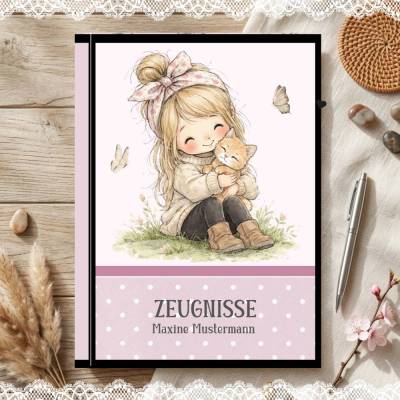 Süße Zeugnismappe für Mädchen | Katzen - Motiv | Einschulung & Schulanfang Geschenk | 26-95