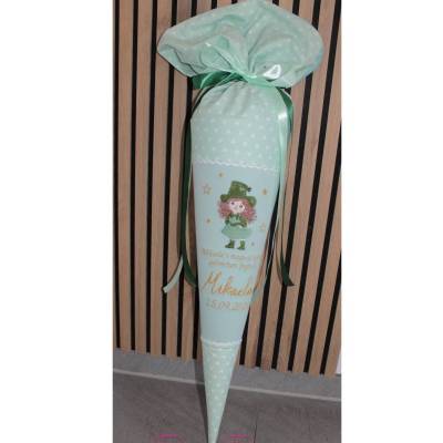 Schultüte mit Namen, Schultüte zur Einschulung mint Koboldmädchen gold , Schultüte mädchen, Schultüte mit Kissen Motiv 