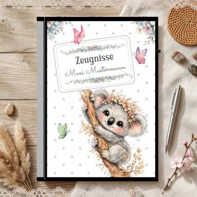 Süße Zeugnismappe für Mädchen | Personalisiert | Koala- Motive | Einschulung & Schulanfang Geschenk | 26-26