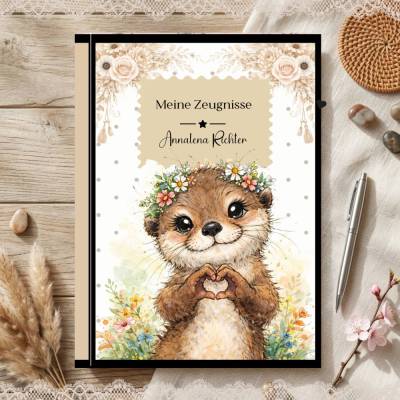 Süße Zeugnismappe für Mädchen | Personalisiert | Otter - Motiv | Einschulung & Schulanfang Geschenk | 26-25