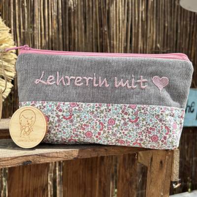 Lehrerin mit Herz // Schlampermäppchen // Stiftemappe // Federmappe // Federmäppchen // Mäppchen // rosa-grau geblümt