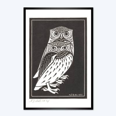 Zwei Eulen -  Kunstdruck Poster  -  modernisierter Holzschnitt - Vintage Bild 1921- Wanddeko Wandkunst