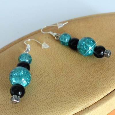 Ohrhänger petrol schwarz silber, Ohrringe, 5,5,cm, Glasperlen, Ohrschmuck