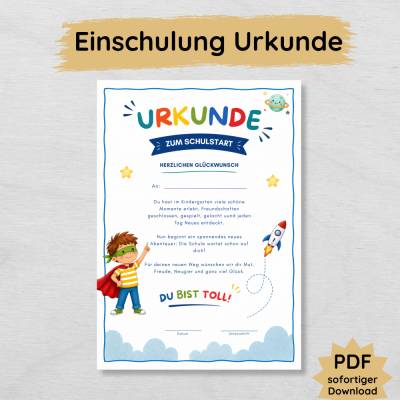 Urkunde zum Schulstart für Jungs | PDF zum Ausdrucken