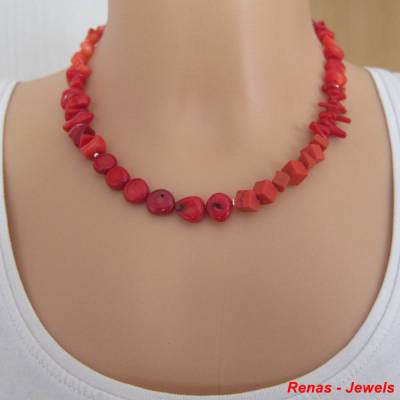 Edelstein Kette Rote Koralle mit 925 Silber – Handgefertigtes Collier in Rot & Silber Edelsteinkette