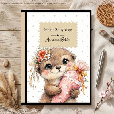 Süße Zeugnismappe für Mädchen | Personalisiert | Otter - Motiv | Einschulung & Schulanfang Geschenk | 26-25