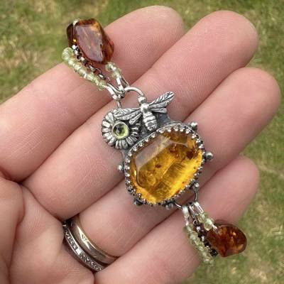 Baltischer Bernstein Armband, Ostsee Bernstein Halskette, Peridot, Bienen Schmuck, Sterling Silber Schmuck, Sonnenblume 