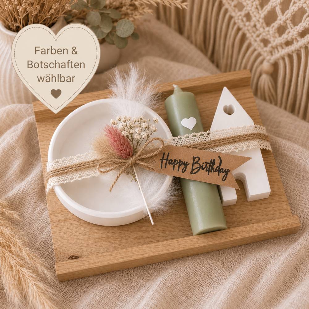 Geschenkset mit Kerze, Kerzenständer, Holzbox & Trockenblumen – liebevolles Geschenk für Kollegin, Freundin oder Mama