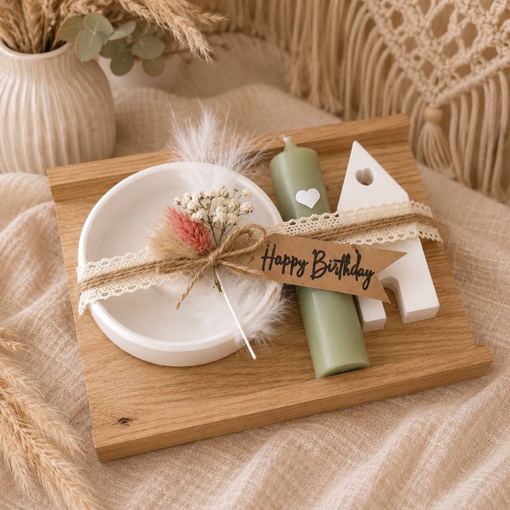 Geschenkset mit Kerze, Kerzenständer, Holzbox & Trockenblumen – liebevolles Geschenk für Kollegin, Freundin oder Mama