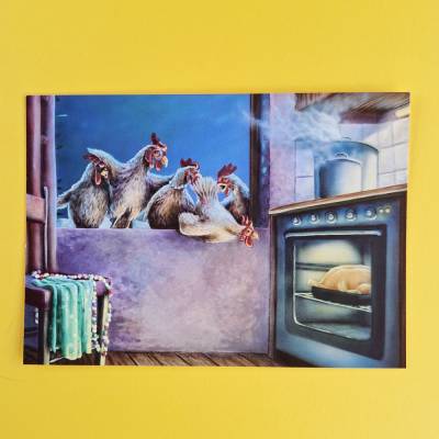 Witzige Postkarte, Skurrile Kunst Grußkarte,  Hühner Mini- Druck, Humorvolle Kunstkarte