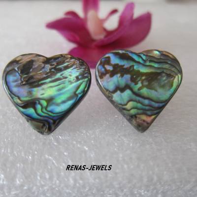 Abalone Paua Perlmutt Ohrstecker – Herz Regenbogen Muschel Ohrringe, 20 mm, Unikat