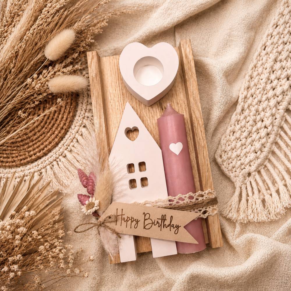 Geschenkset mit Kerze, Kerzenständer, Holzbox & Trockenblumen – liebevolles Geschenk für Kollegin, Freundin oder Mama
