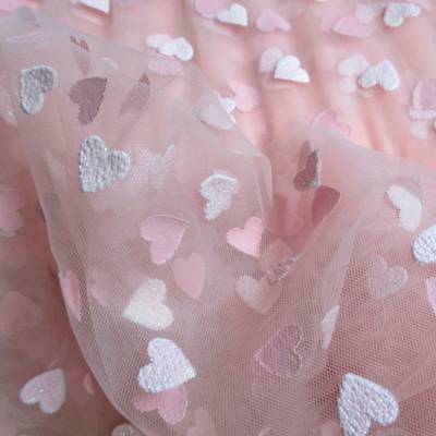Softtüll Stoff - Flockprint Glitzerherzen Rosa (1m/9,-€)