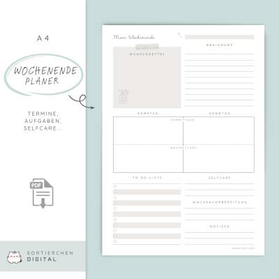 Wochenend Planer PDF A4 | Weekend Planner zum Ausdrucken | Selfcare Wochenplanung | Braindump To Do Liste | Wunschzettel
