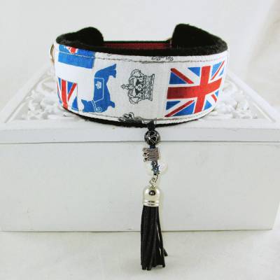 Windhundhalsband "Very British" – Hundehalsband mit Fleecepolsterung & Perlenquaste, Zugstopp oder Klickverschluss
