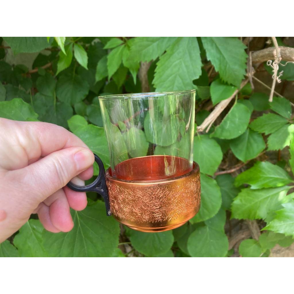 7 tlg. DDR Teeservice für 6 Personen Kupferfarben Jenaer Glas 60er 70er Jahre