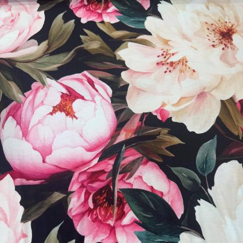 Viskosejersey mit großen Blumen Rosa Creme Schwarz Grün – elastischer Jersey Stoff für Kleider und Blusen – 1m/29,-€