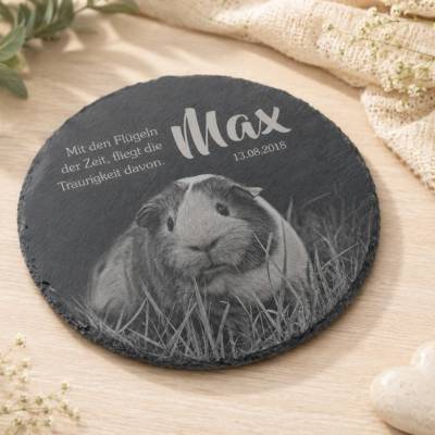 20 x 20 cm runde personalisierte Gedenktafel für Tiere aus Schiefer mit Gravur, Foto & Wunschtext – wetterfest & einzigartig