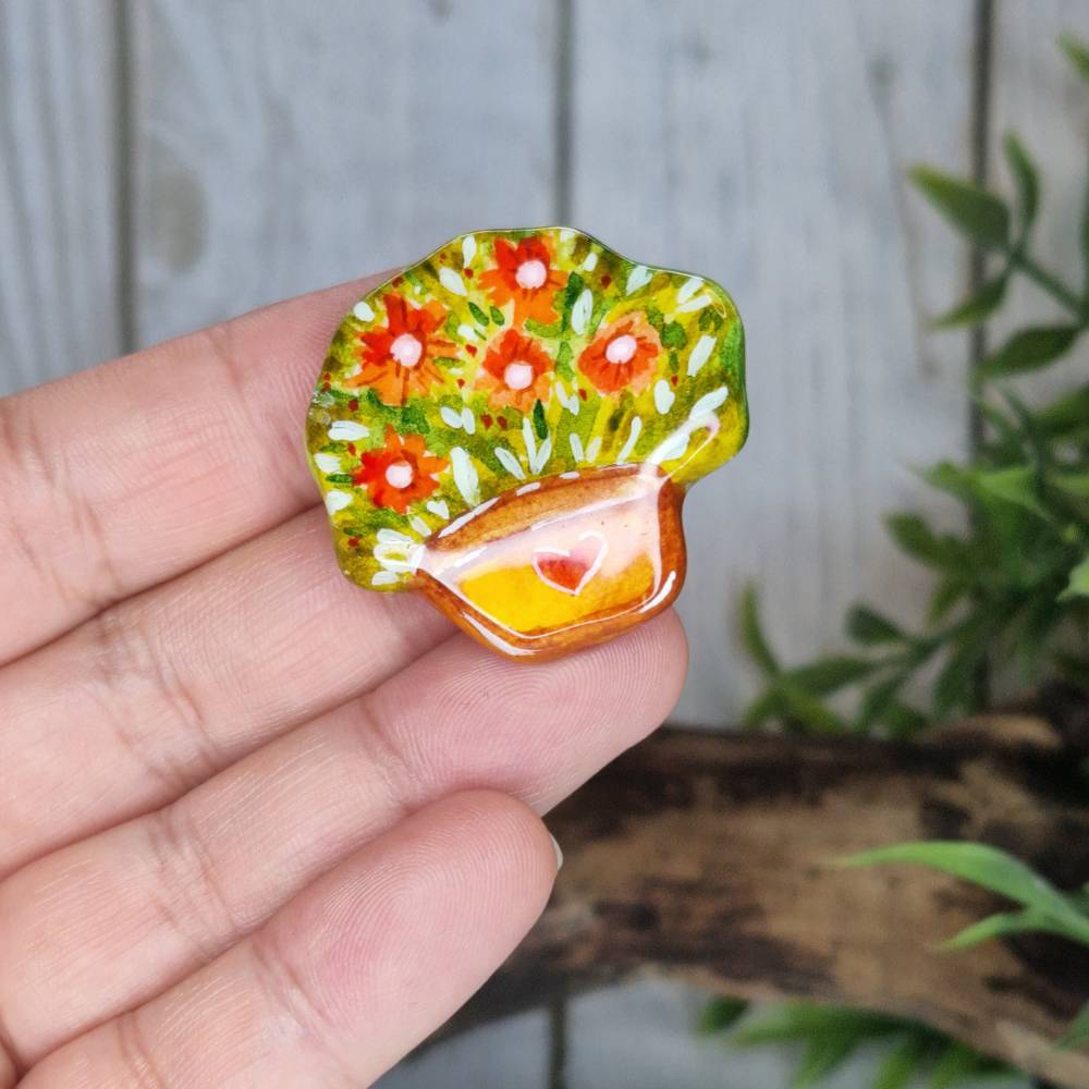 Blumen Brosche handgefertigt, Pin Blumentopf, Geschenk für Frauen Mama Gartenliebe
