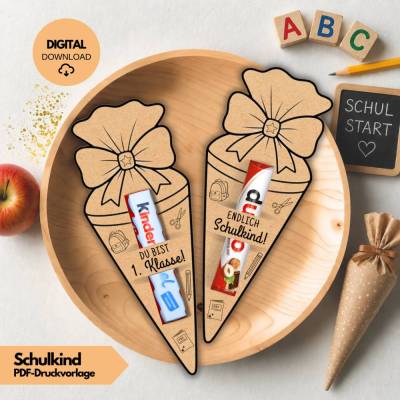 Schultüte Vorlage PDF Einschulung Geschenk zum Ausdrucken | 1. Klasse Schulkind Duplo Banderole Schokoriegel Verpackung