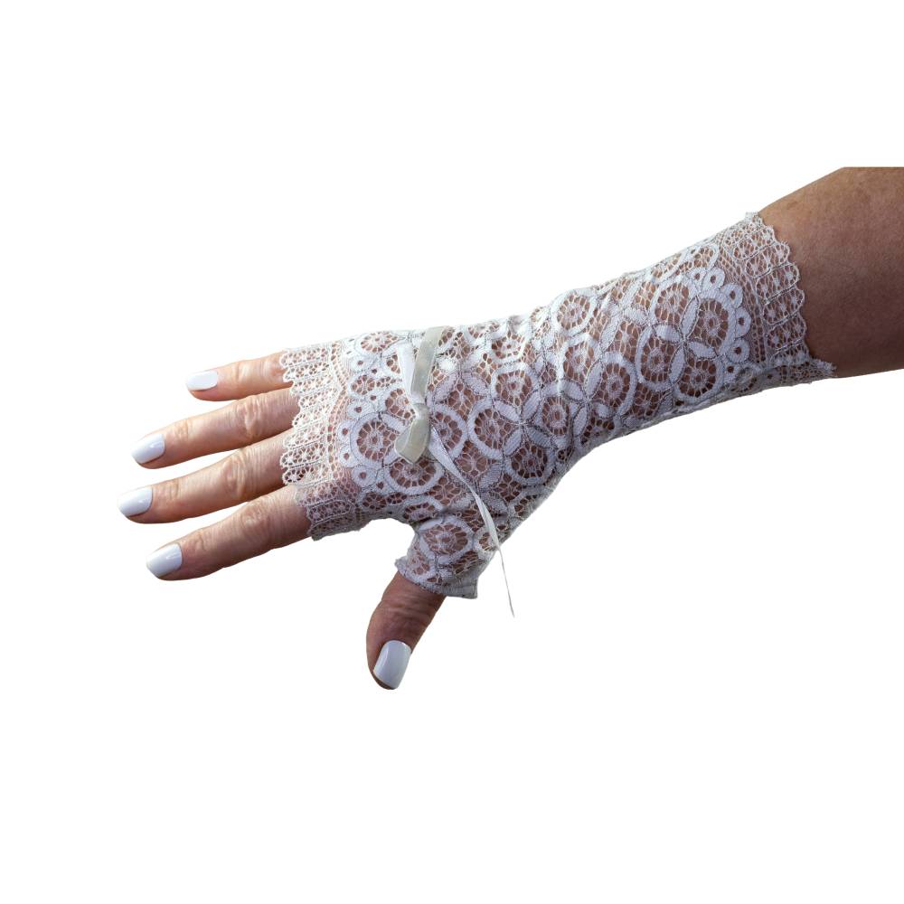 lange fingerlose Handschuhe weiss silber mit Schleife aus Spitze perfekt  fr Jugendstil Hochzeiten