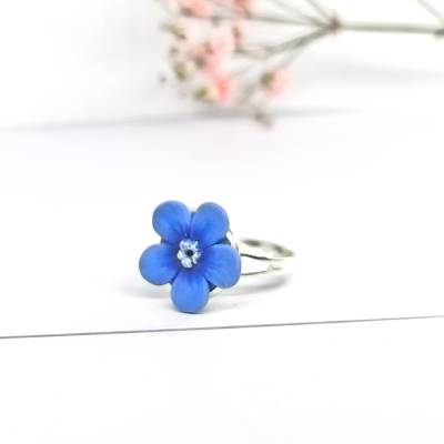 Vergissmeinnicht-Ring aus Polymer Clay, blauer verstellbarer Blumen-Cocktailring