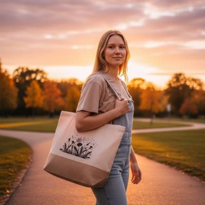 Strandtasche, Beach Bag, große Baumwolltasche mit Jute Boden und Löwenzahnwiese