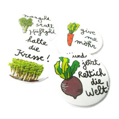 Gemüse-Quartett, 4er Set Buttons oder Magnete, handgemacht.