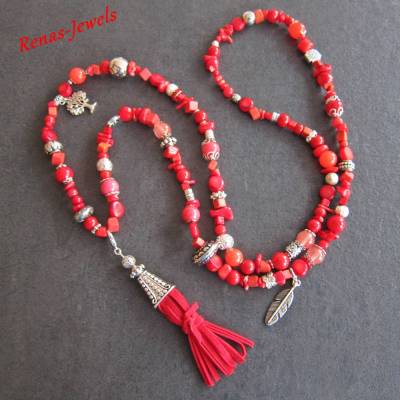 Bettelkette rot Boho Edelsteinkette Koralle Rhodonit Kirschquarz Jade Marmor Quaste Lebensbaum