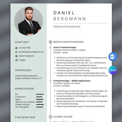 Lebenslauf Produktmanager Vorlage – Modern tabellarischer Lebenslauf Berufseinsteiger & Senior Produktmanager Word Canva