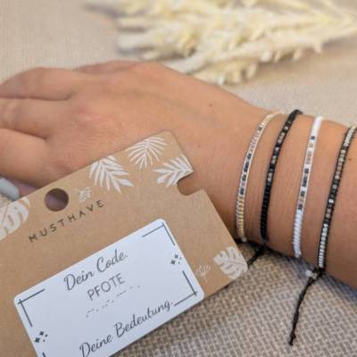 Morsecode Armband PFOTE | Tierliebe Schmuck | Handgemachtes Perlenarmband Schwarz Weiß Gold Silber 