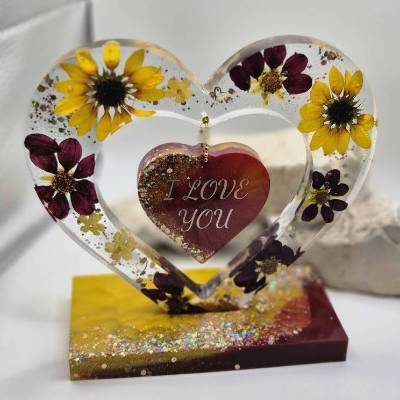 Herz Aufsteller I Love You rot-gelb mit Glitzer und Blüten – Geschenkidee