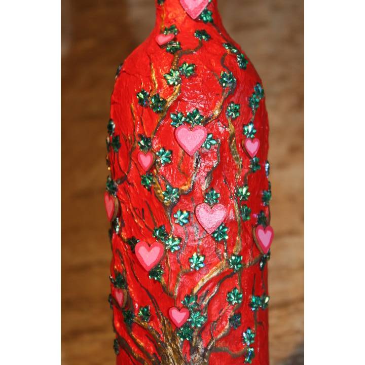 Dekoflasche HERZERLBAUM Upcycling bemalte Flasche Flaschenkunst mit Acrylfarben Dekoration Collage Wohndeko