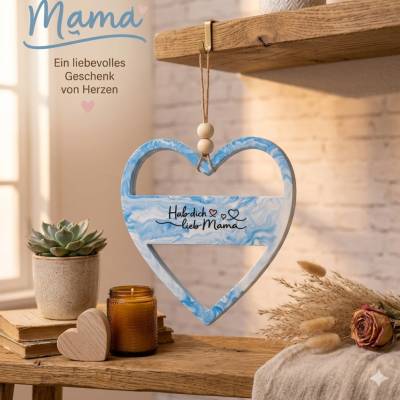 Herz Wandbehang für Mama handgegossen aus Venusarm Gießpulver – Blau weiße Marmoroptik Deko Geschenk zum Muttertag
