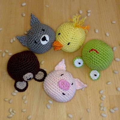 Häkelanleitung Jonglierbälle Tiere: Küken, Katze, Frosch, Schwein und Bär, pdf-Datei