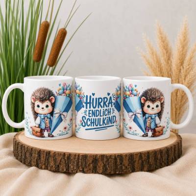 Tasse Keramik 330 ml - Kaffeetasse & Teetasse Kakao | Einschulung Schulanfang Geschenk Igel blau