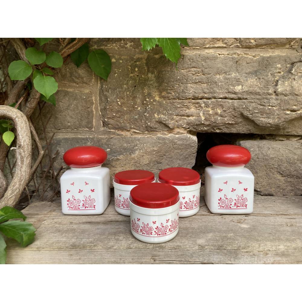 5er Set Vorratsdosen Kunststoff geblümt weiß rot Vintage 70er Jahre