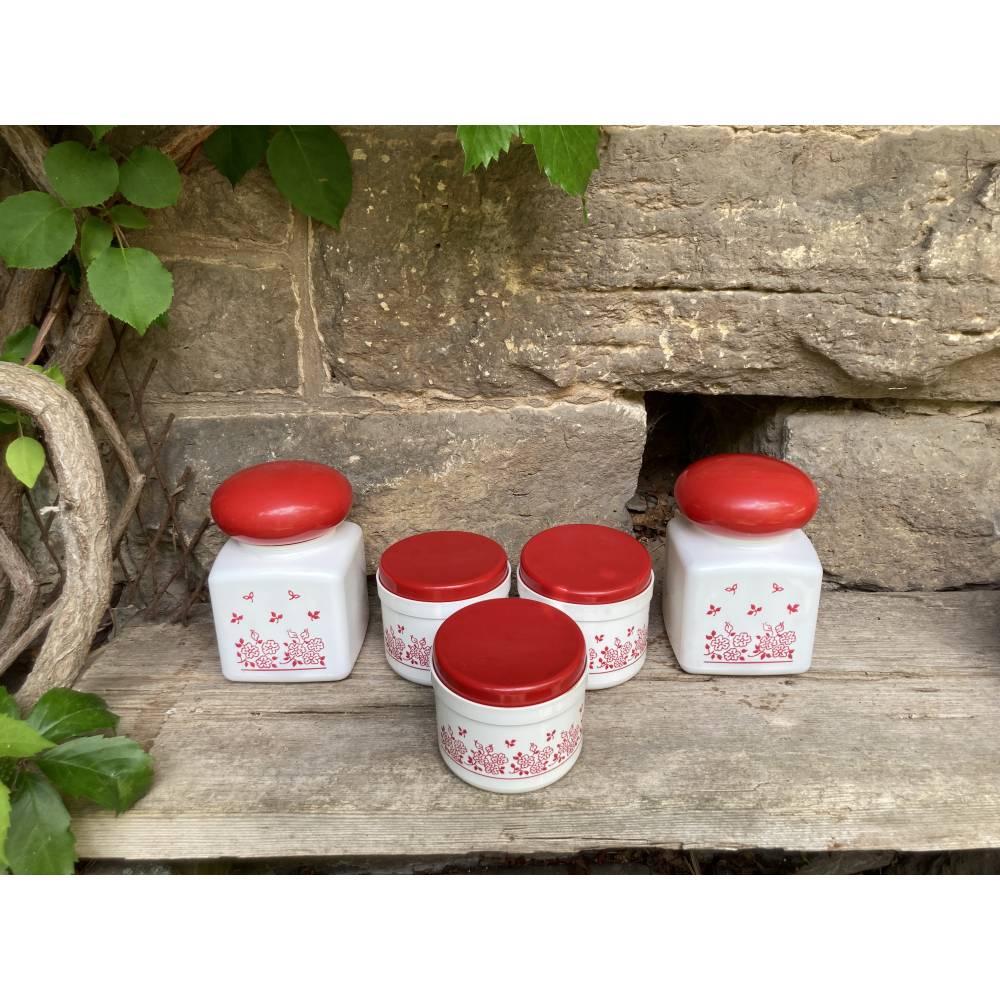 5er Set Vorratsdosen Kunststoff geblümt weiß rot Vintage 70er Jahre