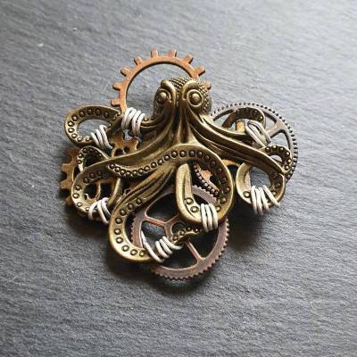 Steampunk Brosche Krake mit Zahnrädern mit Silbernen Draht / Maritimer Look 