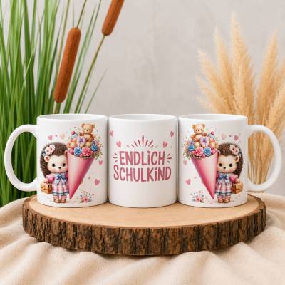 Tasse Keramik 330 ml - Kaffeetasse & Teetasse Kakao | Einschulung Schulanfang Geschenk Igel rosa