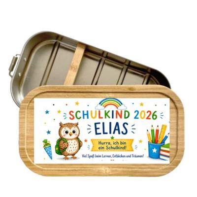 Personalisierte Edelstahl Brotdose Schulkind 2026 mit Namen Elias | Bambusdeckel & Trennwand