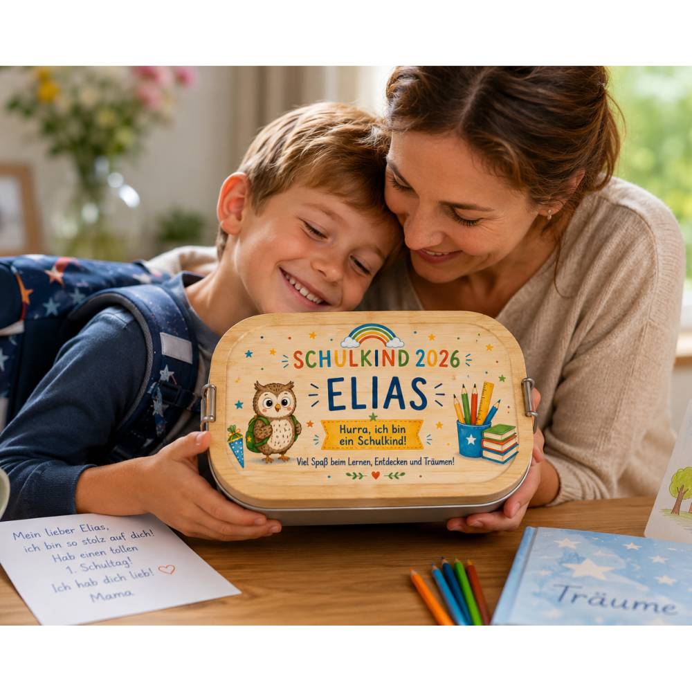 Personalisierte Edelstahl Brotdose Schulkind 2026 mit Namen Elias